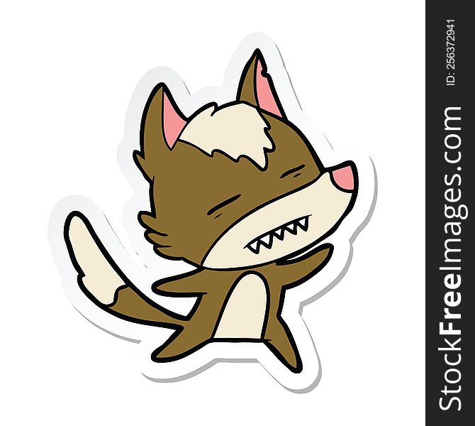 sticker of a cartoon wolf showing teeth whilst dancing