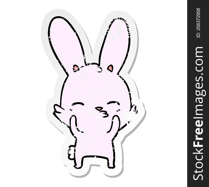 Distressed Sticker Of A Curious Waving Bunny Cartoon