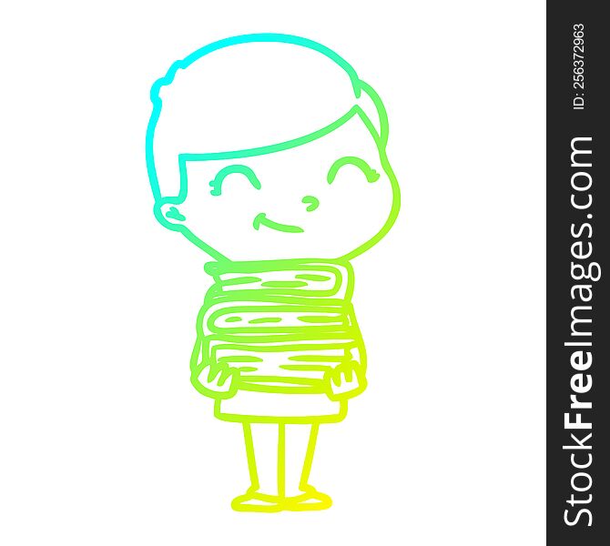 cold gradient line drawing of a cartoon boy with books smiling