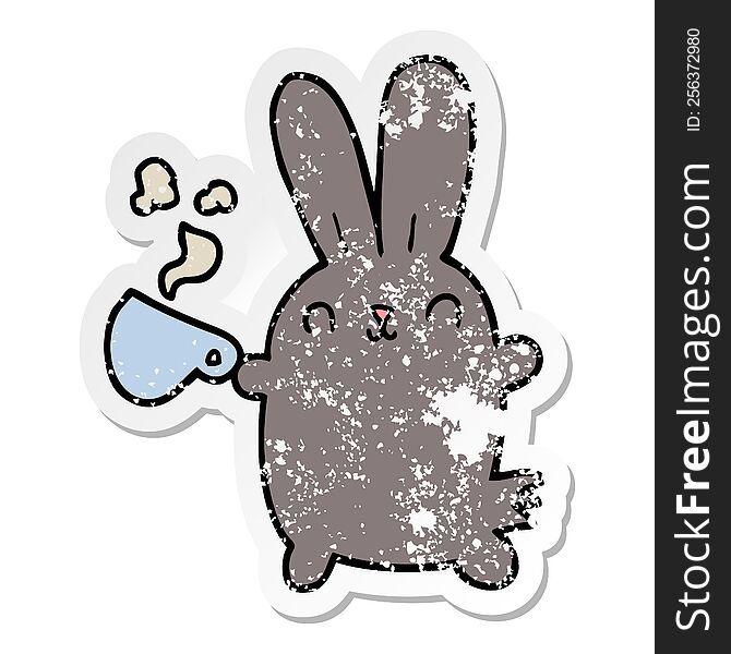 Distressed Sticker Of A Cute Cartoon Rabbit With Coffee Cup