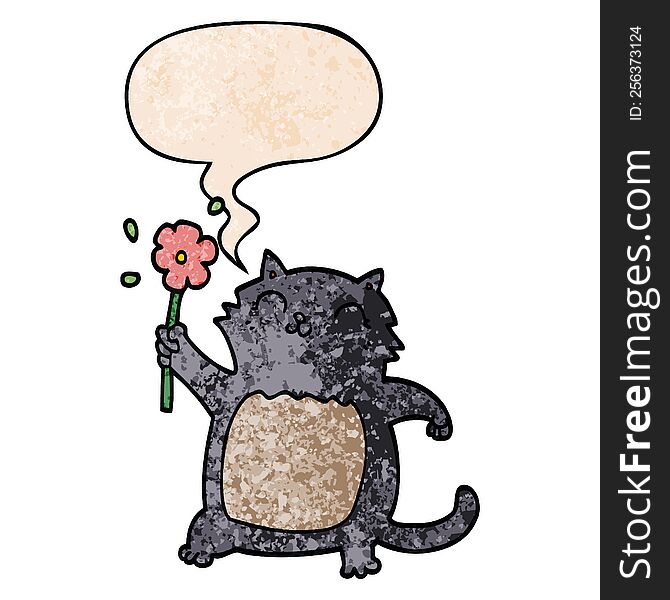 Cartoon Cat And Flower And Speech Bubble In Retro Texture Style