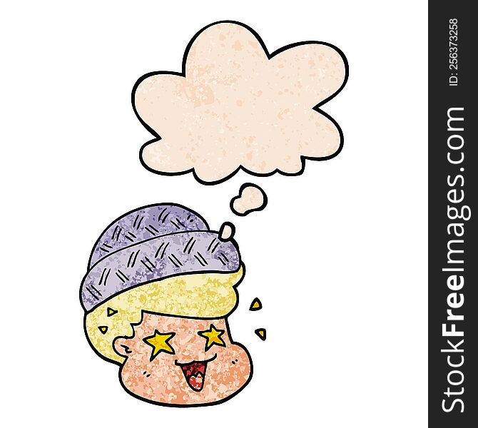 cartoon boy wearing hat with thought bubble in grunge texture style. cartoon boy wearing hat with thought bubble in grunge texture style