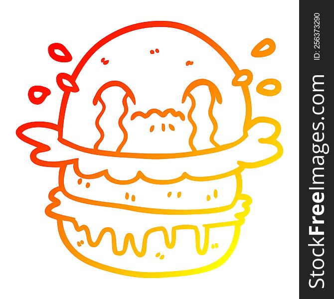 warm gradient line drawing of a cartoon crying fast food burger