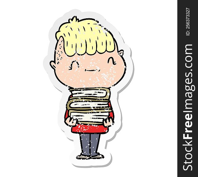 distressed sticker of a cartoon friendly boy with books
