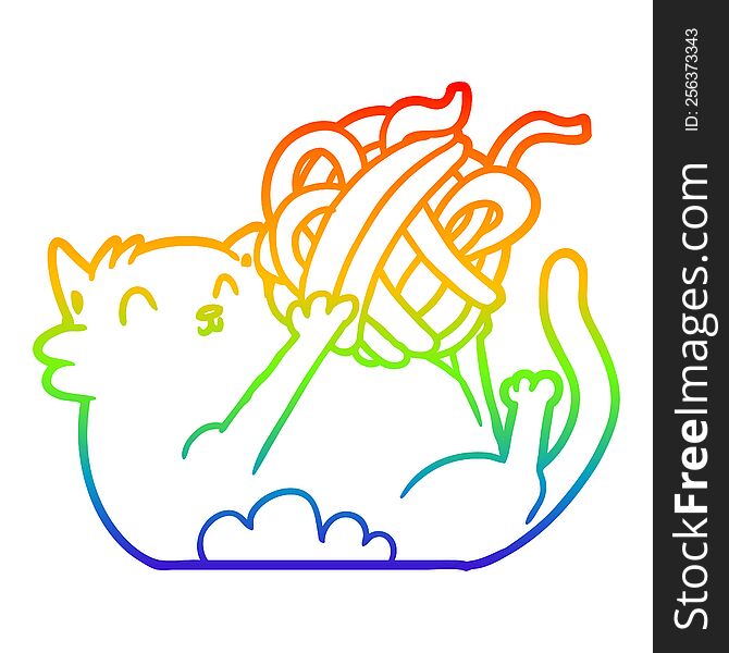 rainbow gradient line drawing cartoon cat playing with ball of string