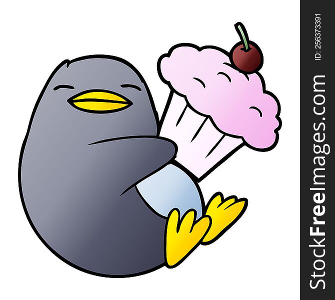 cartoon penguin with cupcake. cartoon penguin with cupcake