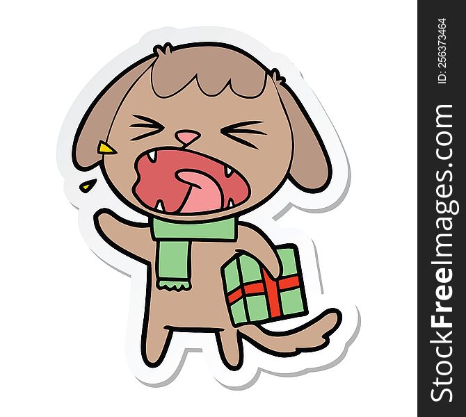 Sticker Of A Cute Cartoon Dog With Christmas Present