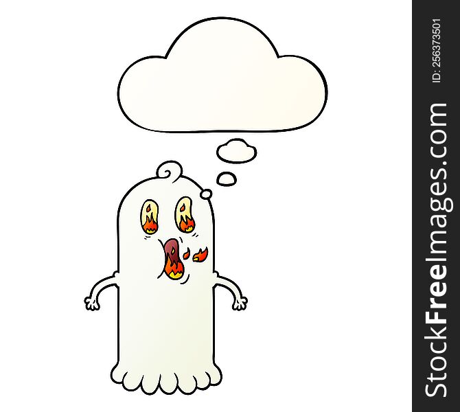 cartoon ghost with flaming eyes with thought bubble in smooth gradient style