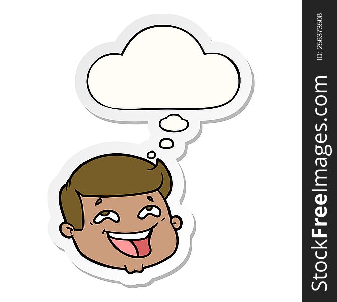 happy cartoon male face with thought bubble as a printed sticker