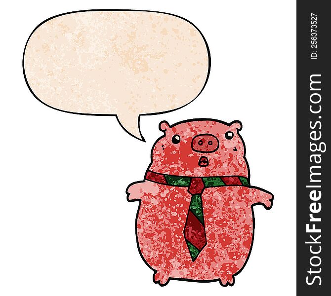 Cartoon Pig Wearing Office Tie And Speech Bubble In Retro Texture Style