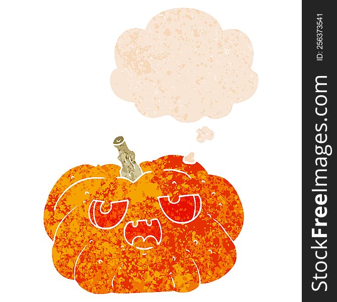 Cartoon Pumpkin And Thought Bubble In Retro Textured Style