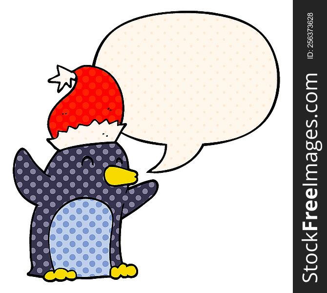 Cute Cartoon Christmas Penguin And Speech Bubble In Comic Book Style
