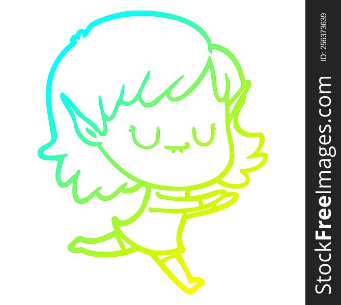 Cold Gradient Line Drawing Happy Cartoon Elf Girl Posing