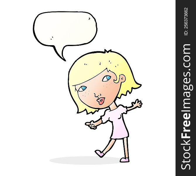 Cartoon Happy Girl Gesturing To Follow With Speech Bubble