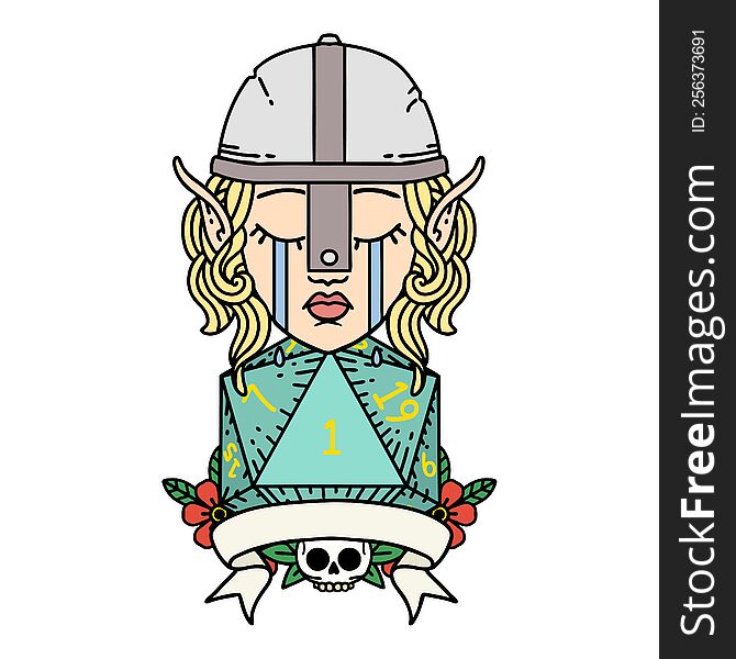 Retro Tattoo Style crying elf fighter character face with natural one D20 roll. Retro Tattoo Style crying elf fighter character face with natural one D20 roll