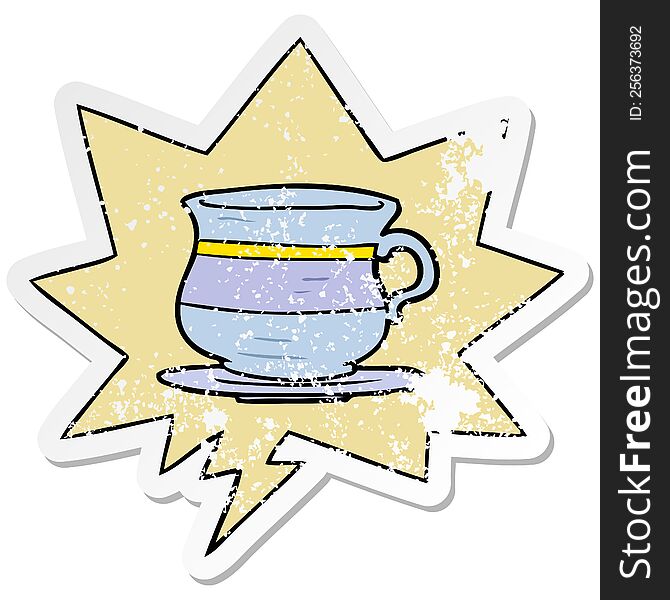 Cartoon Old Tea Cup And Speech Bubble Distressed Sticker