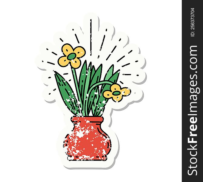 grunge sticker of tattoo style flowers in vase