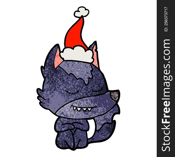 friendly hand drawn textured cartoon of a wolf sitting wearing santa hat. friendly hand drawn textured cartoon of a wolf sitting wearing santa hat
