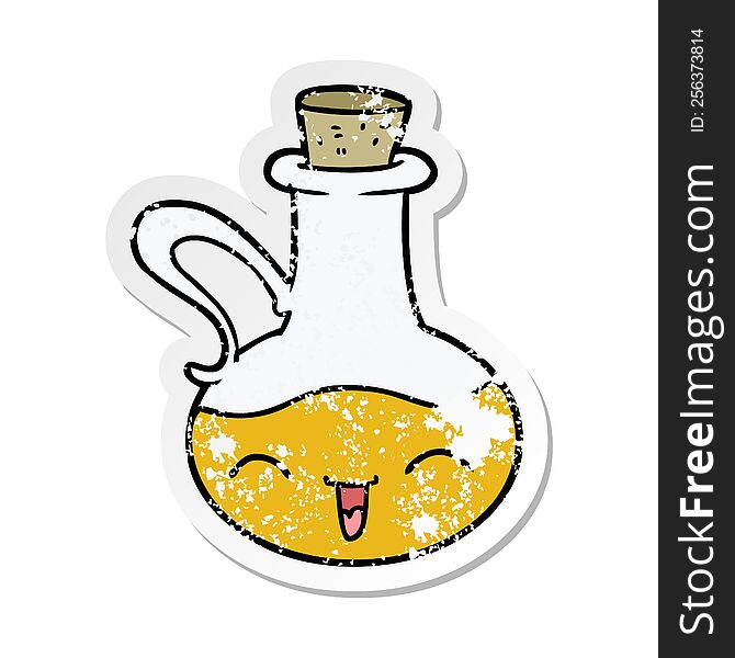 distressed sticker of a cartoon happy bottle of olive oil