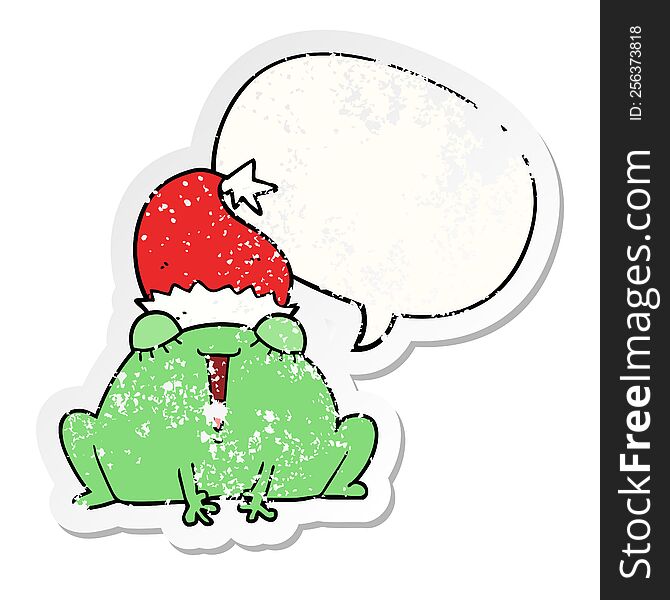 cute cartoon christmas frog with speech bubble distressed distressed old sticker. cute cartoon christmas frog with speech bubble distressed distressed old sticker