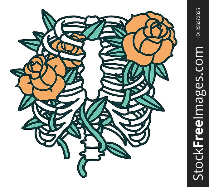 iconic tattoo style image of a rib cage and flowers. iconic tattoo style image of a rib cage and flowers