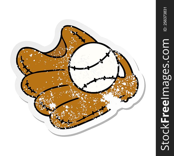 hand drawn distressed sticker cartoon doodle of a baseball and glove