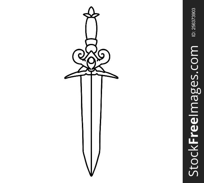 tattoo in black line style of a dagger. tattoo in black line style of a dagger