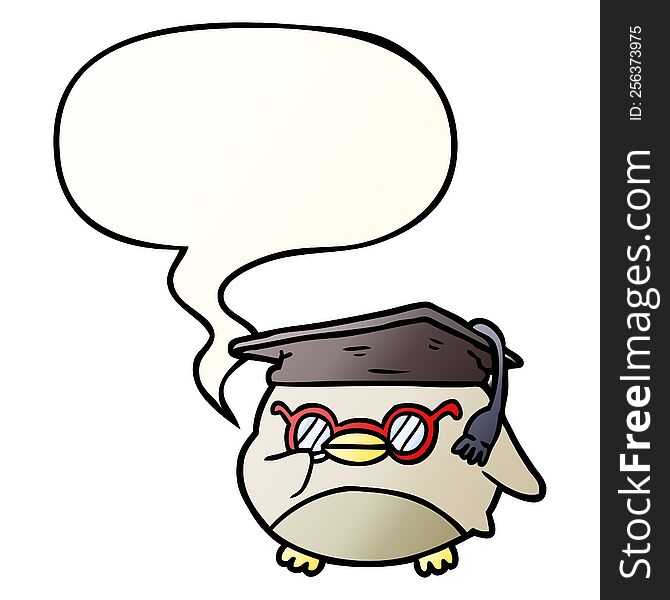 cartoon clever old owl with speech bubble in smooth gradient style