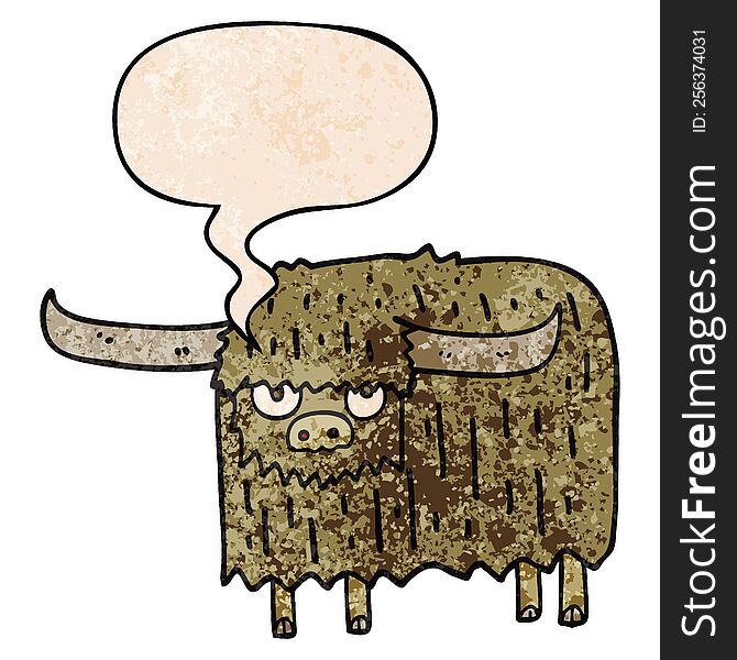 cartoon hairy cow with speech bubble in retro texture style