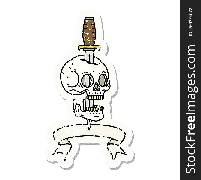 Grunge Sticker With Banner Of A Skull And Dagger