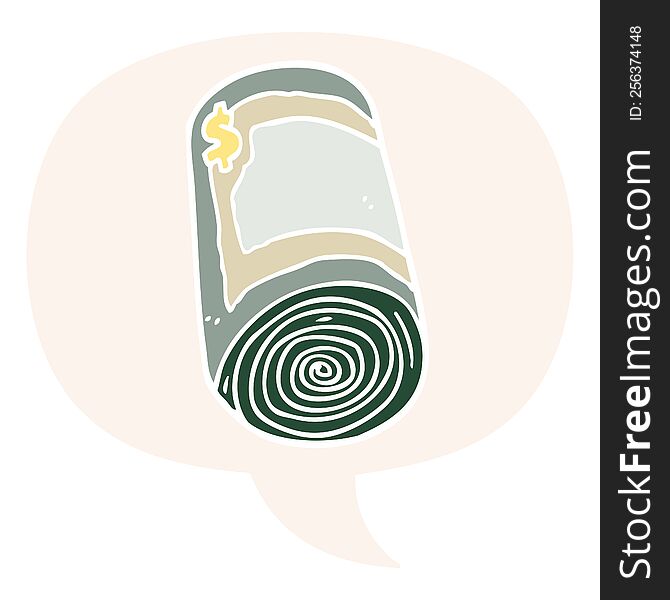 Cartoon Roll Of Money And Speech Bubble In Retro Style