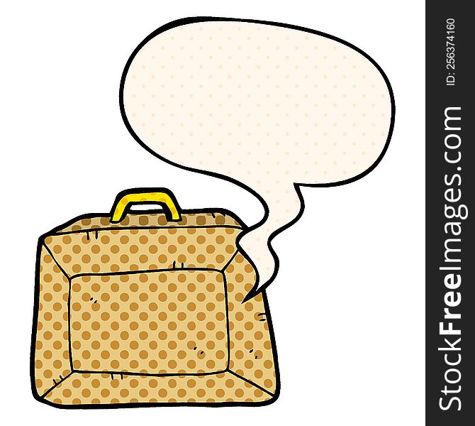 cartoon budget briefcase with speech bubble in comic book style