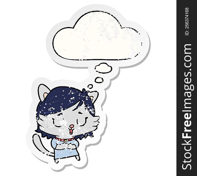 cartoon cat girl with thought bubble as a distressed worn sticker