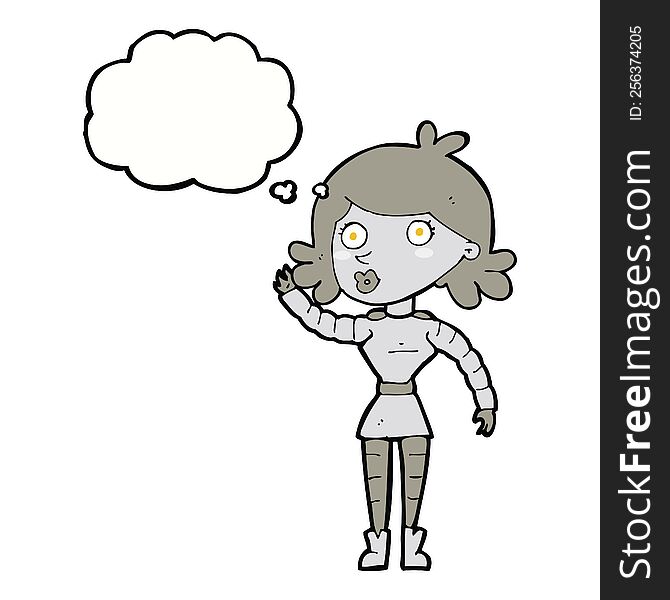 Cartoon Robot Woman Waving With Thought Bubble