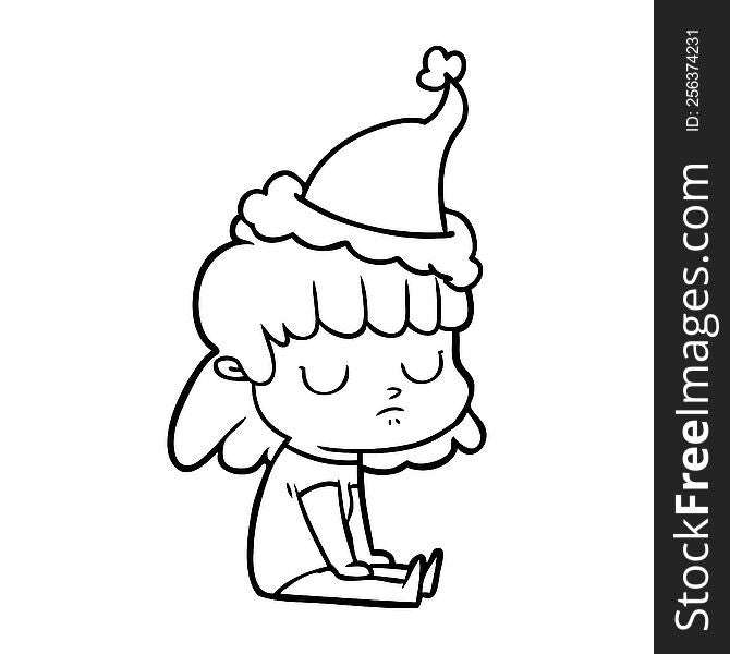 hand drawn line drawing of a indifferent woman wearing santa hat