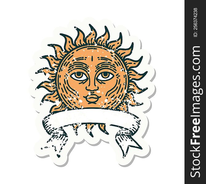worn old sticker with banner of a sun with face. worn old sticker with banner of a sun with face