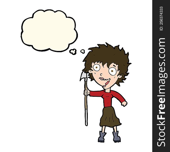 cartoon crazy woman with spear with thought bubble