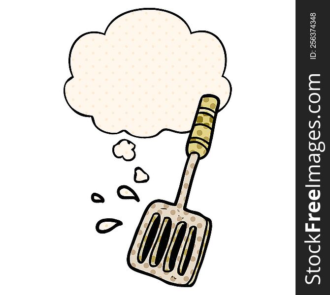 cartoon kitchen spatula with thought bubble in comic book style