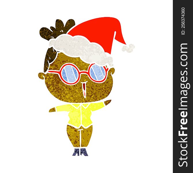 retro cartoon of a woman wearing spectacles wearing santa hat