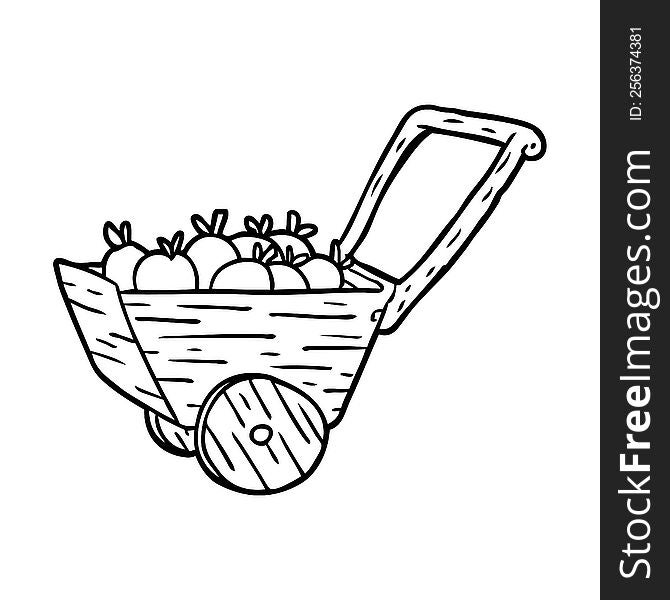 line drawing of a cart full of fresh apples. line drawing of a cart full of fresh apples