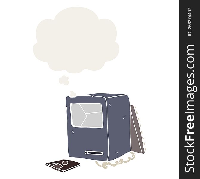 cartoon broken old computer with thought bubble in retro style