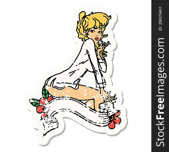 distressed sticker tattoo of a pinup girl wearing a shirt with banner