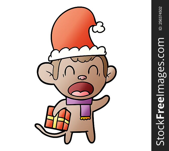 shouting cartoon monkey carrying christmas gift. shouting cartoon monkey carrying christmas gift