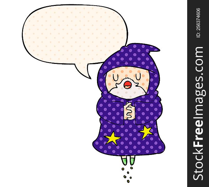 cartoon floating wizard and speech bubble in comic book style