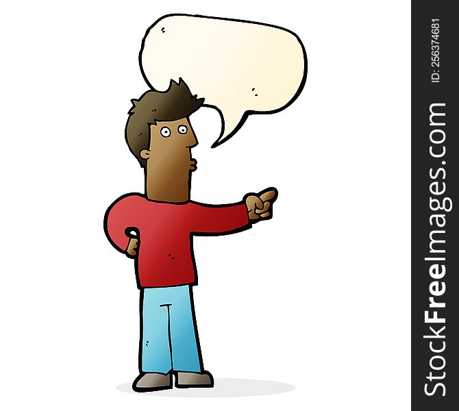 cartoon curious man pointing with speech bubble