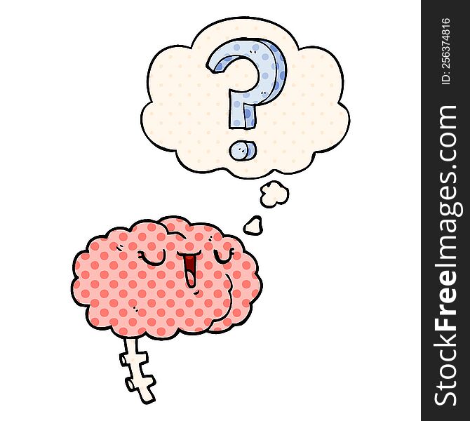 cartoon curious brain with thought bubble in comic book style