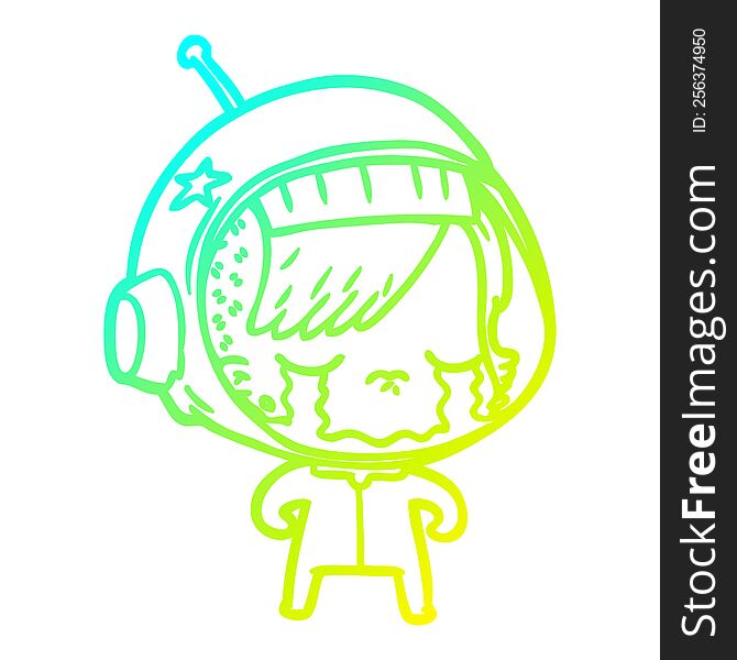 cold gradient line drawing of a cartoon crying astronaut girl