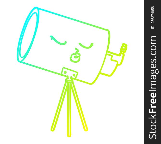cold gradient line drawing of a cartoon telescope with face