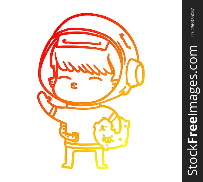 warm gradient line drawing of a cartoon curious astronaut carrying space rock