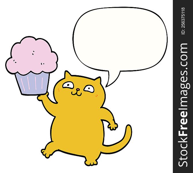 Cartoon Cat And Cupcake And Speech Bubble
